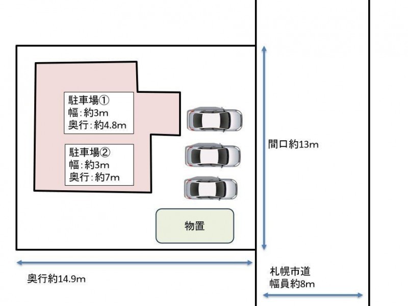 敷地配置図です。駐車並列3台可能です。物置もございますので…