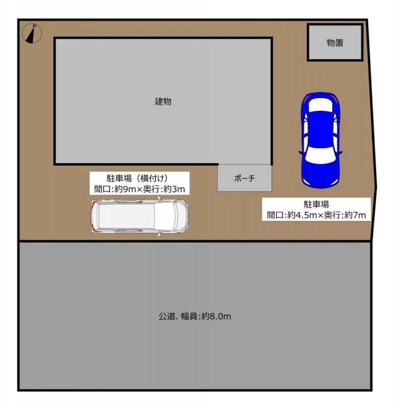 敷地図です。普通車2台駐車可能前面道路は幅員：約8mあり、お…