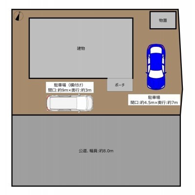 敷地図です。普通車2台駐車可能前面道路は幅員：約8mあり、お…