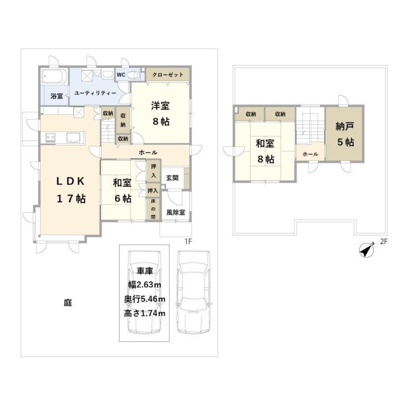 土地図含む間取り。各居室が広く、家族でゆったりくつろぎの生活