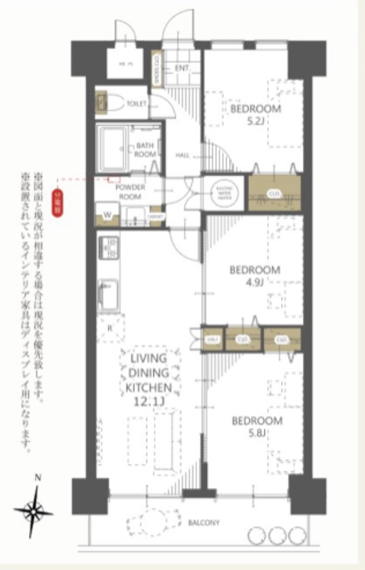 LDK12.1帖と洋室3部屋。64.4㎡の3LDKです