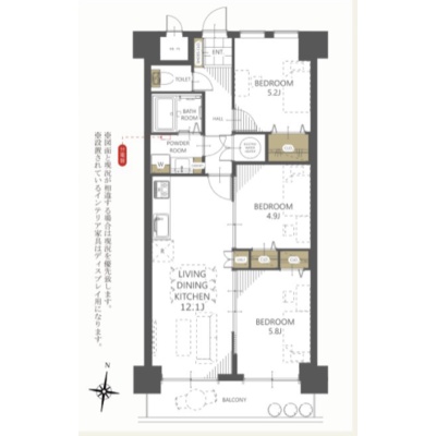 LDK12.1帖と洋室3部屋。64.4㎡の3LDKです